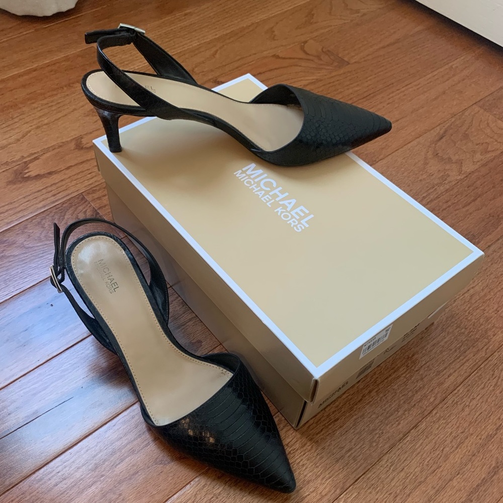 MICHAEL KORS black faux leather alligator / snake skin kitten heels